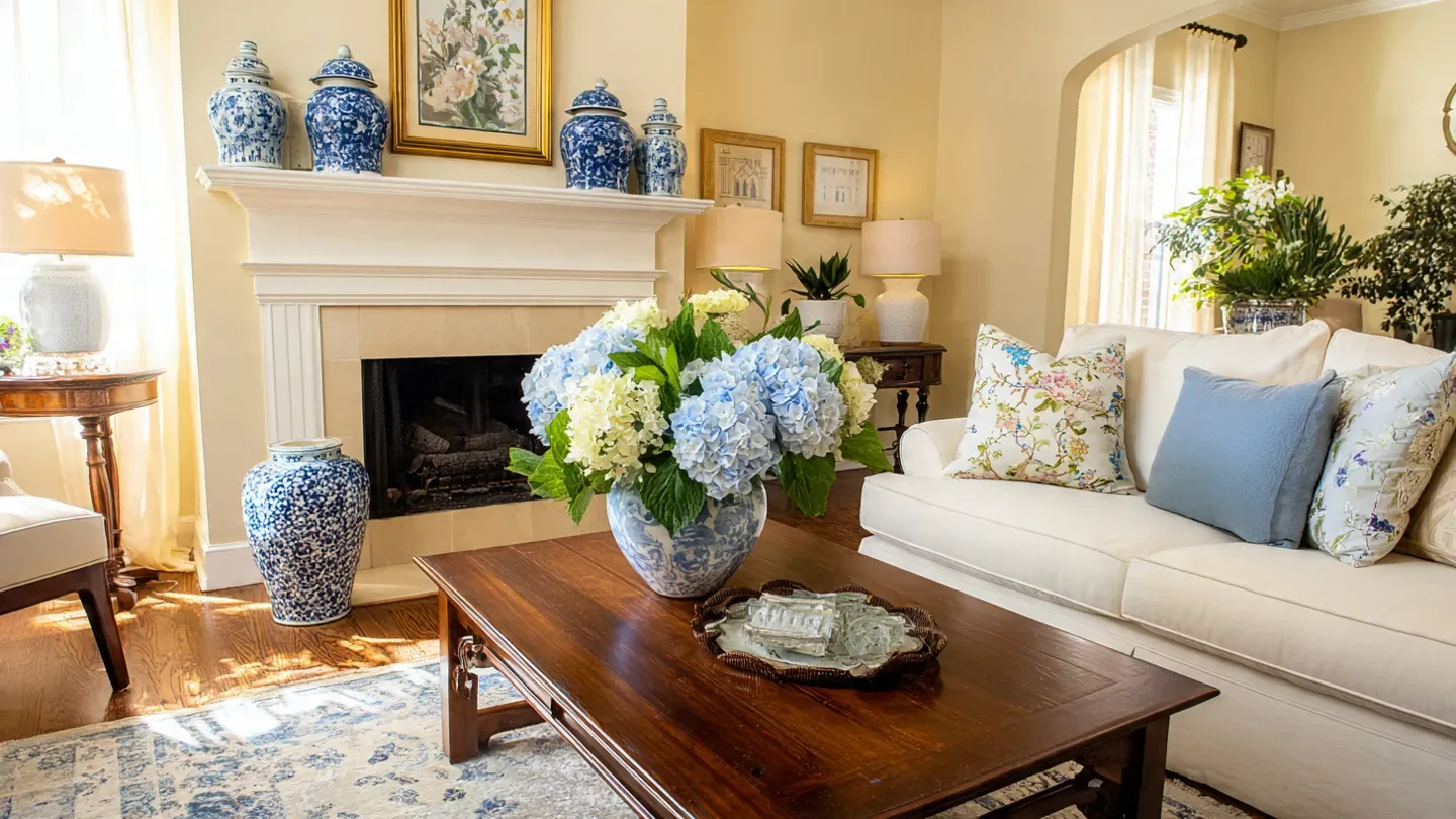 “Traditional Southern decor living room with blue and white accents, floral pillows, and a classic wood coffee table.