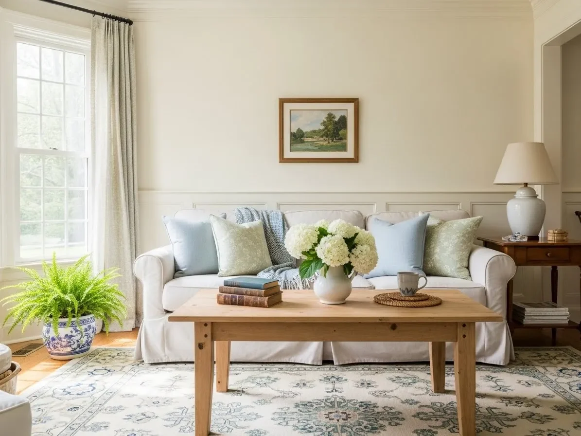 “Traditional Southern living room with soft neutral color palette and light blue accents.”