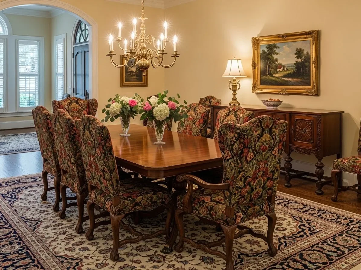 “Traditional Southern dining room with wooden table, chandelier, and floral centerpiece.”