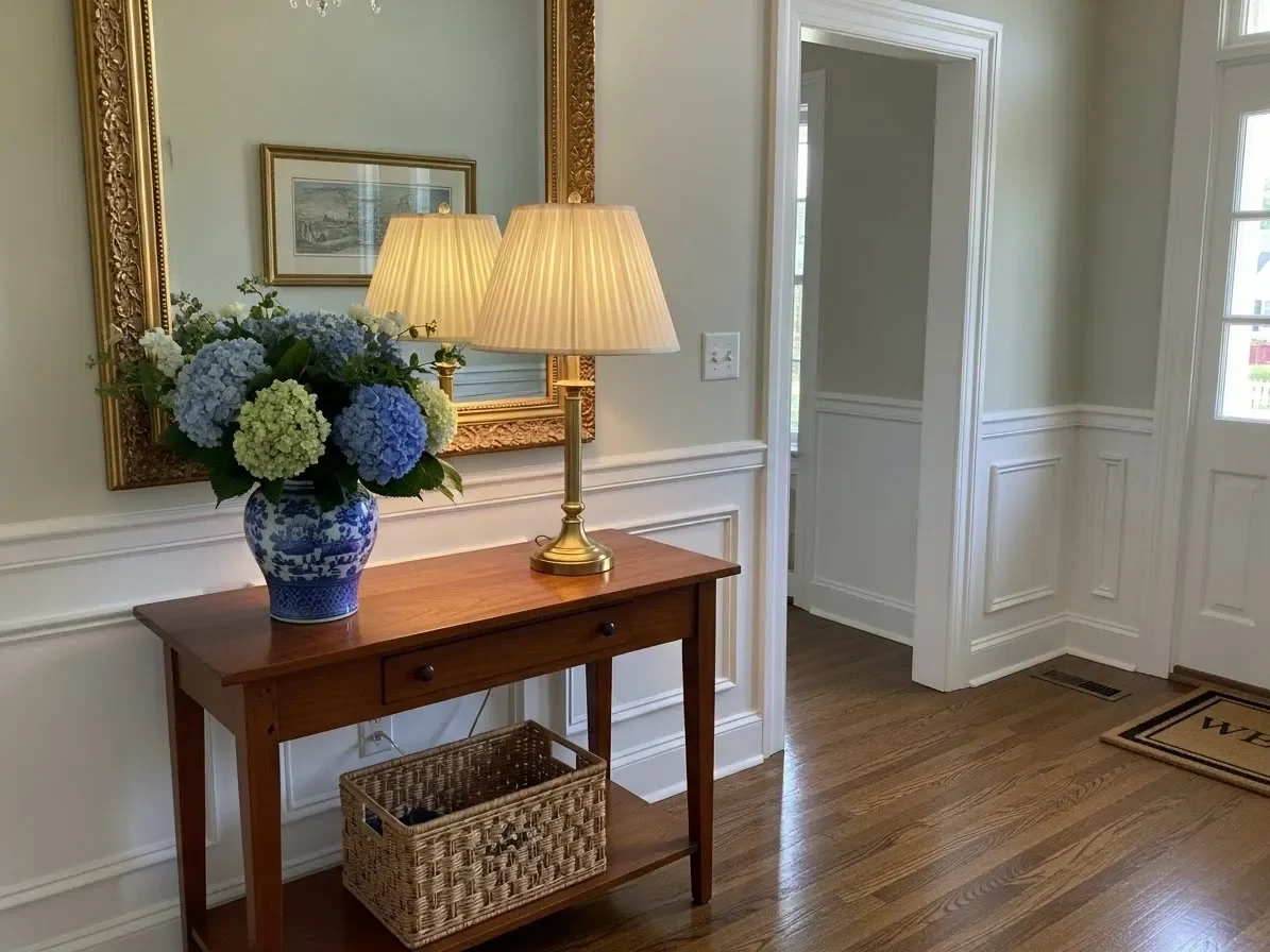 “Traditional Southern entryway with console table, lamp, mirror, and fresh flowers.”