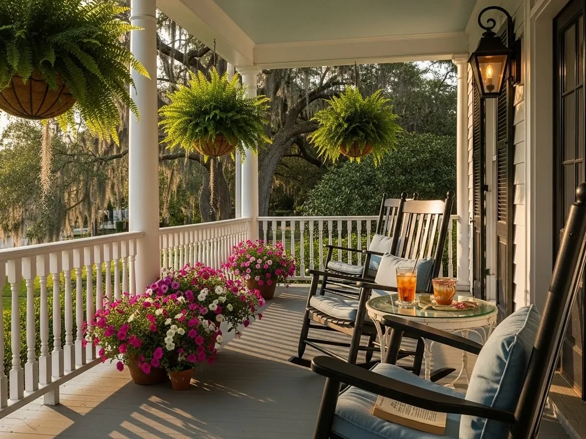 “Traditional Southern front porch with rocking chairs, ferns, and potted flowers.”