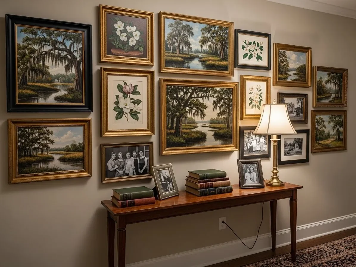 Gallery wall with landscapes, botanicals, and family photos in a Southern style hallway.”