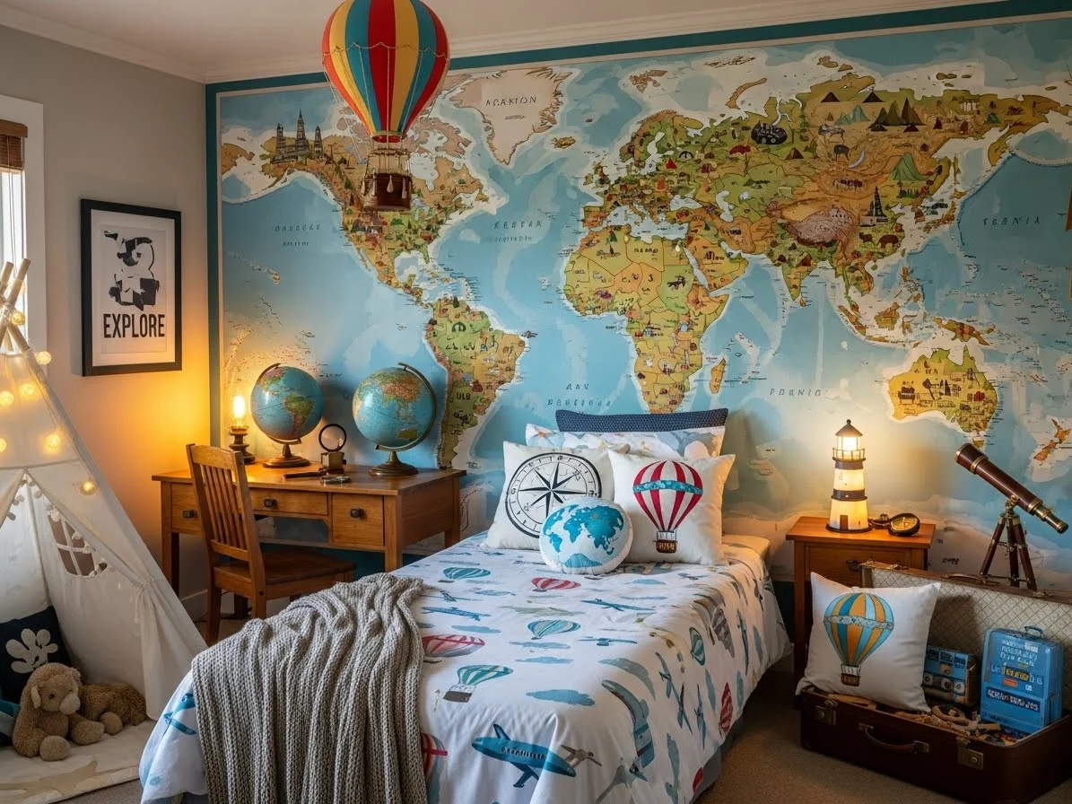 “Kids travel-themed bedroom with world map décor and adventure-inspired styling.”