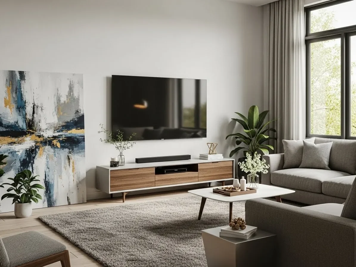 TV wall styled with a low console and oversized artwork for a modern look.