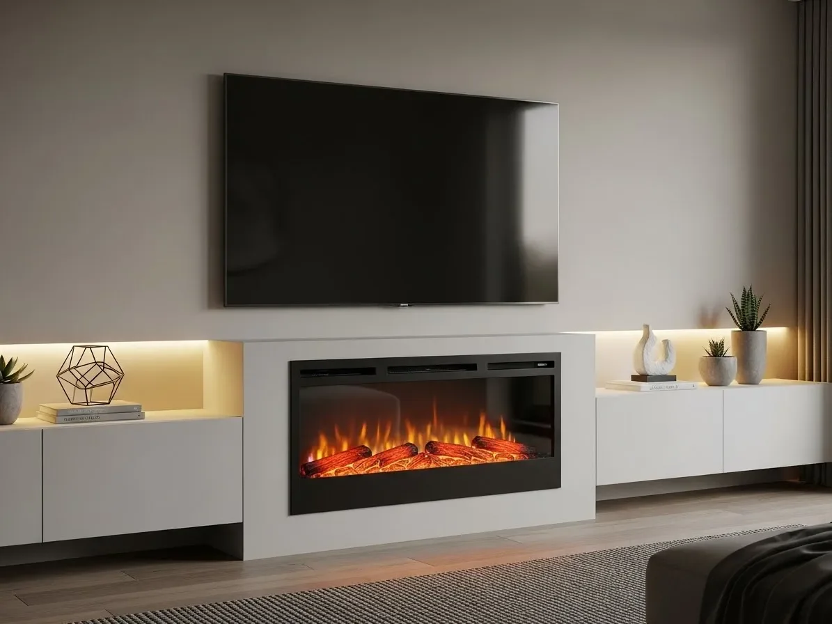 Modern TV wall with an electric fireplace creating a cozy living room focal point.