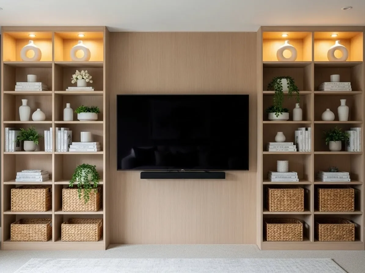 TV wall design with vertical shelving units and styled décor.