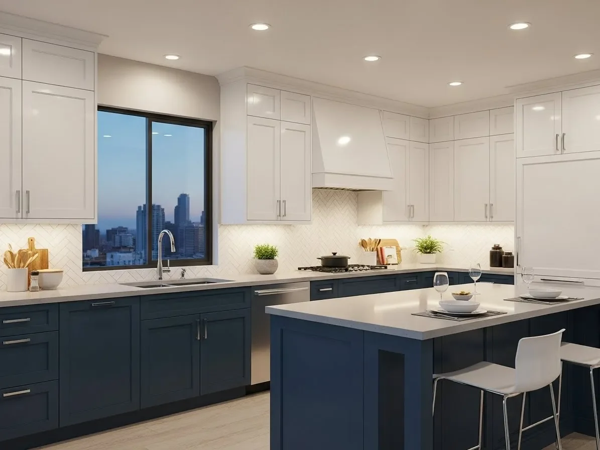 Two-tone kitchen with blue bottom cabinets and white top cabinets.