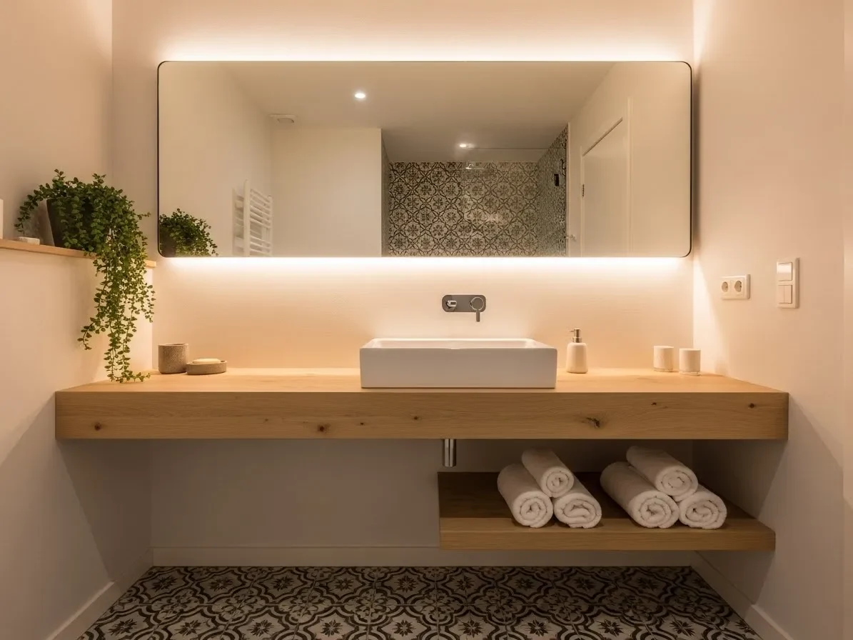 Stylish guest bathroom with patterned tile flooring, floating vanity, soft towels, and small plant demonstrating elegant guest bathroom ideas.
