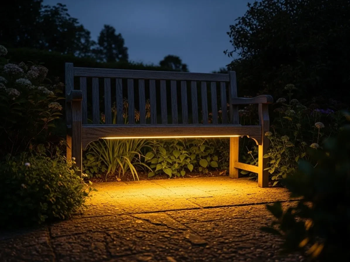 Under-bench LED lighting creating a cozy outdoor seating area.