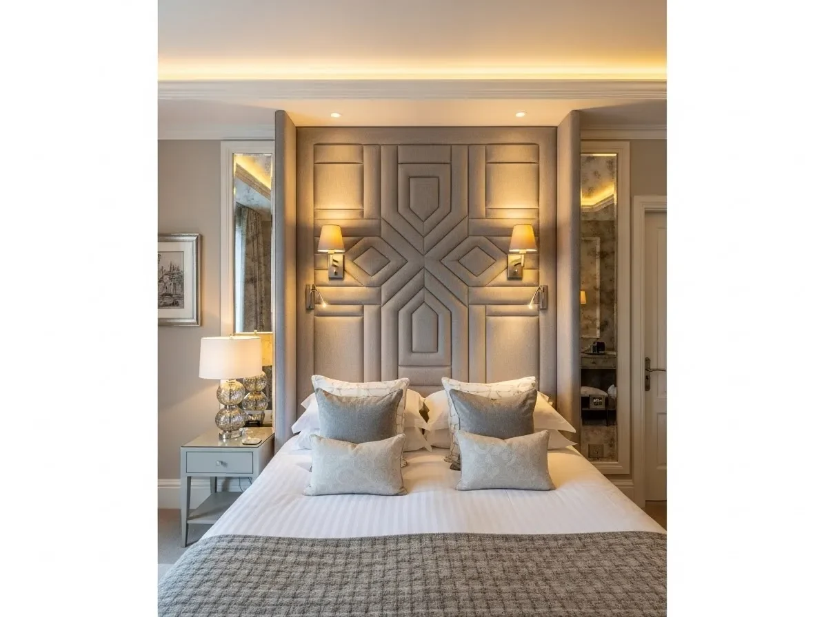 “Upholstered fabric accent wall idea for a cozy, expensive-looking bedroom feature wall.”