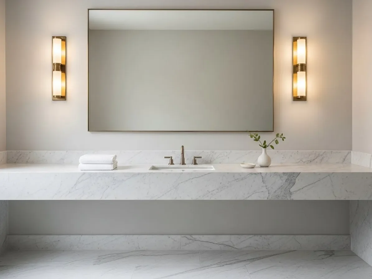 Bathroom vanity with brass sconces on each side of a mirror providing warm flattering lighting.”