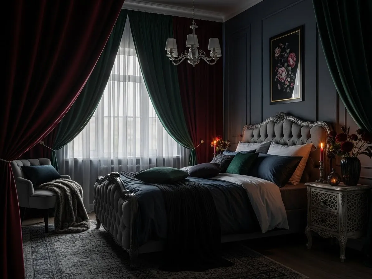 Velvet and sheer curtains creating a romantic dark feminine bedroom.