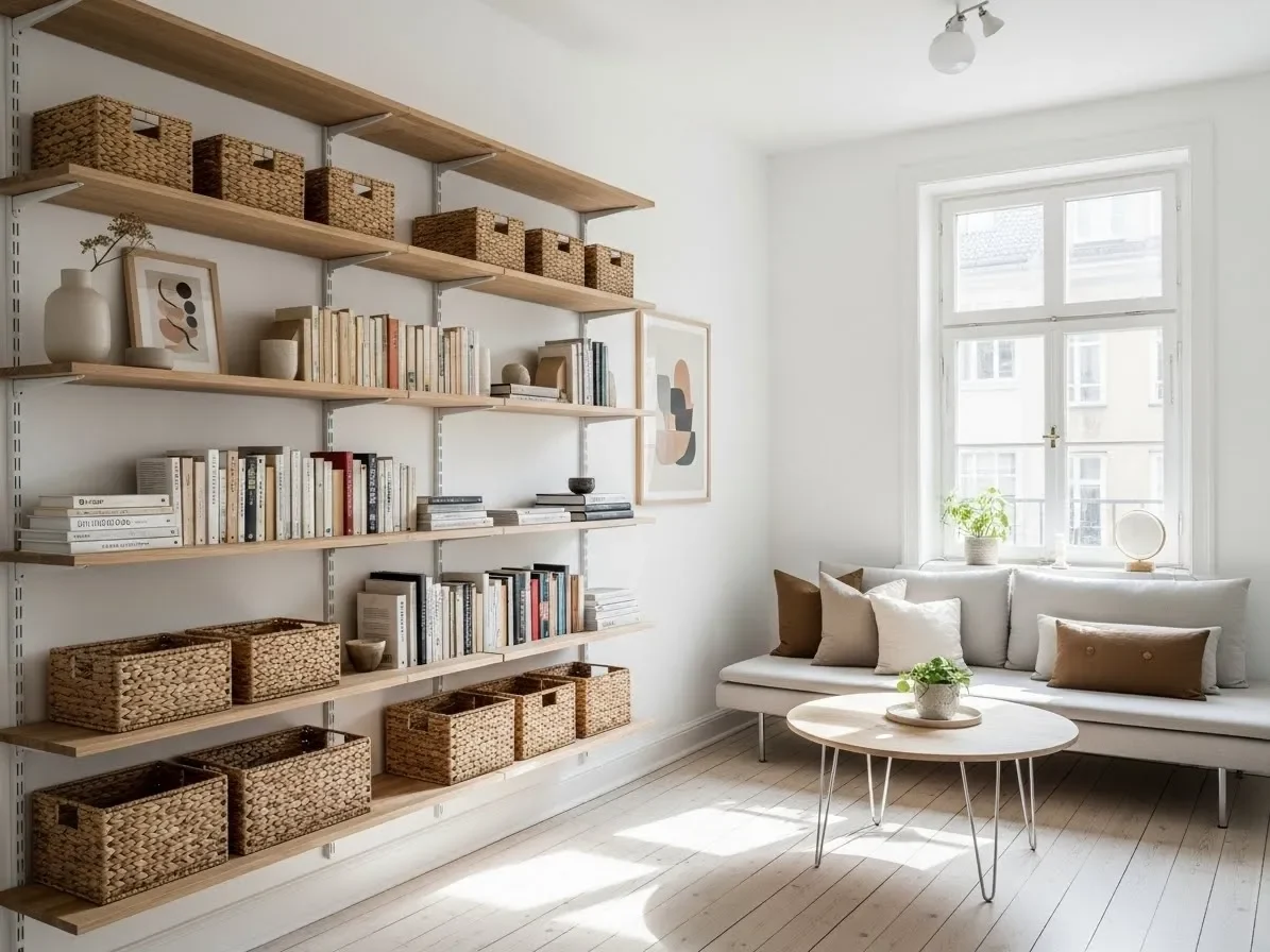 “Floating wall shelves used for vertical storage in a small home.”