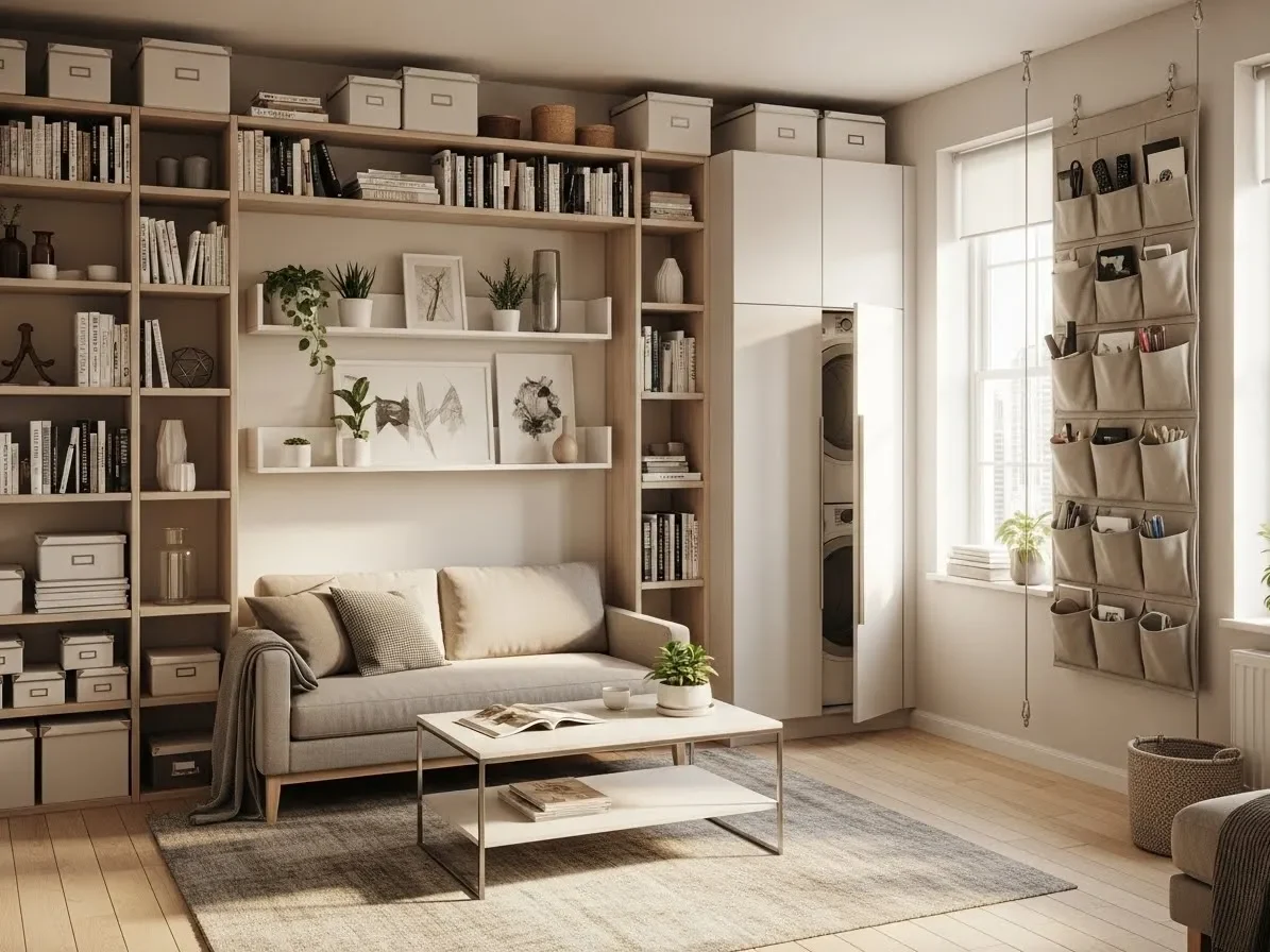 A studio apartment using tall shelves and vertical storage to save space.