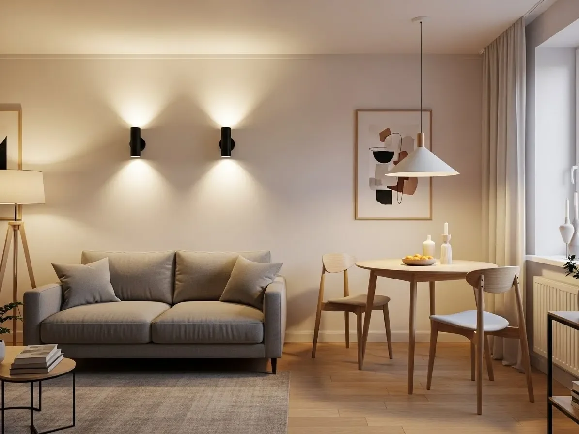 Living-dining combo with wall sconces by sofa and pendant light over dining table — clever use of vertical lighting.”