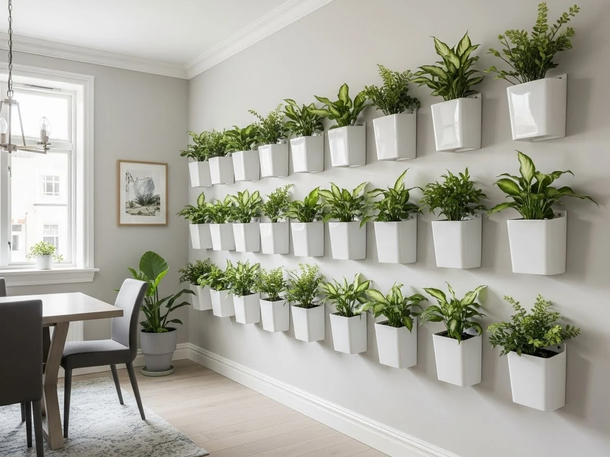 A modern wall with neatly arranged wall-mounted planters filled with indoor plants.