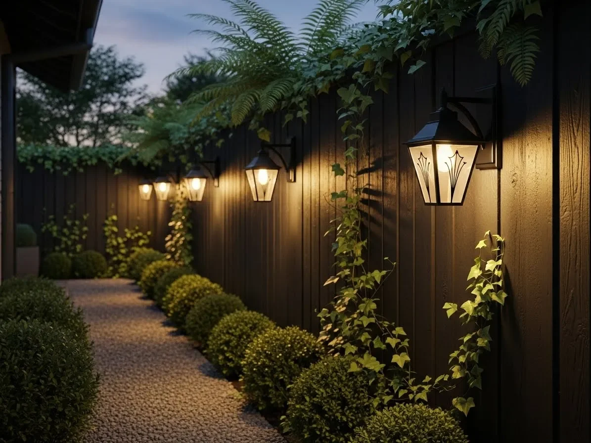 Wall-mounted outdoor sconces lighting a narrow garden pathway.