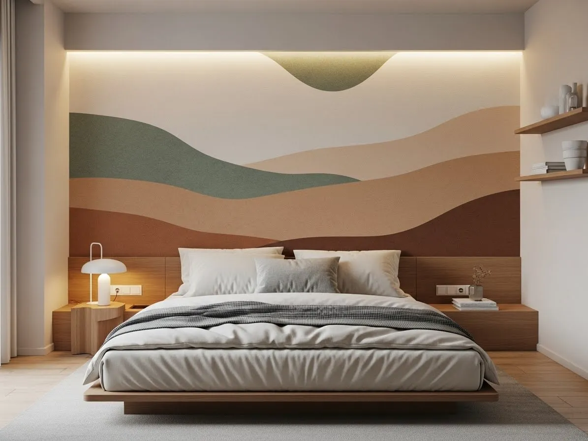 Bed without a headboard styled against a muted wall mural in a cozy minimalist bedroom.
