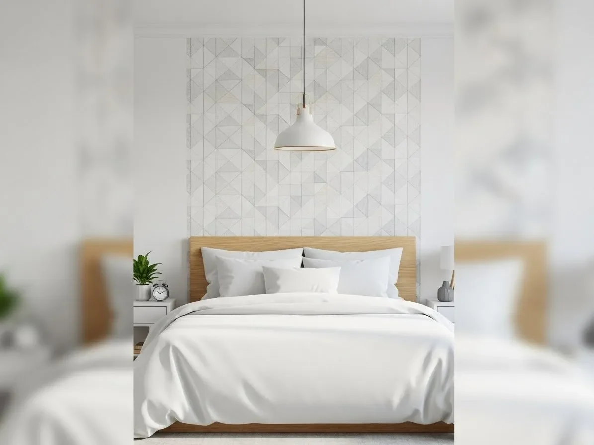 “Wallpaper accent wall design with geometric pattern creating a stylish focal point.”