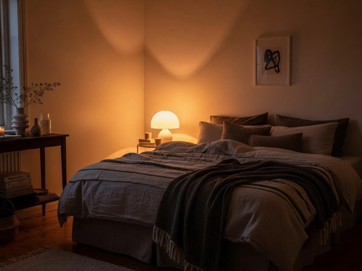 Bed as the main focal point in a balanced bedroom layout with symmetrical decor and clean styling.