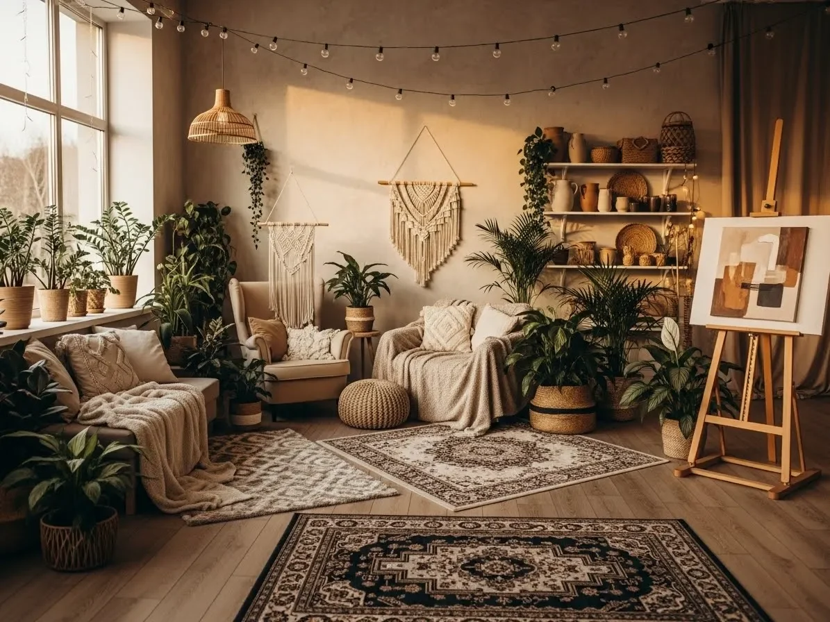 A warm and relaxing studio apartment decorated with soft colors, plants, and cozy textures.