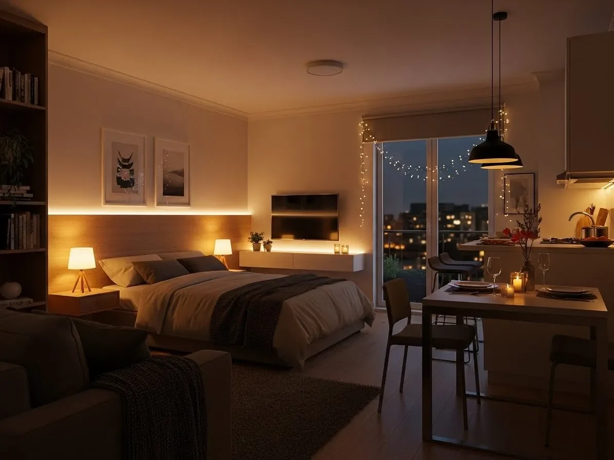A studio apartment with soft warm lighting that creates a cozy and romantic atmosphere.