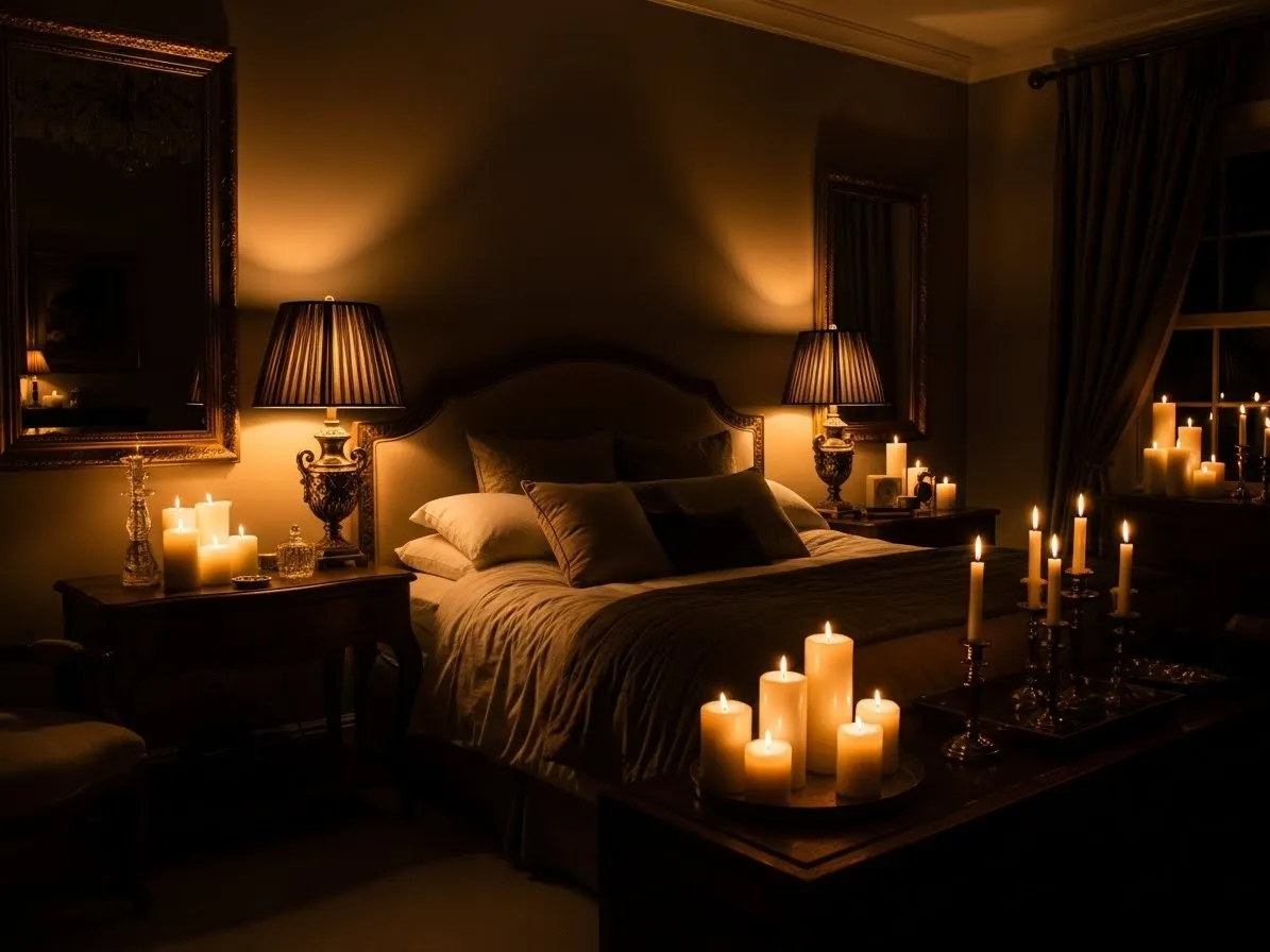 Warm low lighting with lamps and candles in a dark feminine bedroom.
