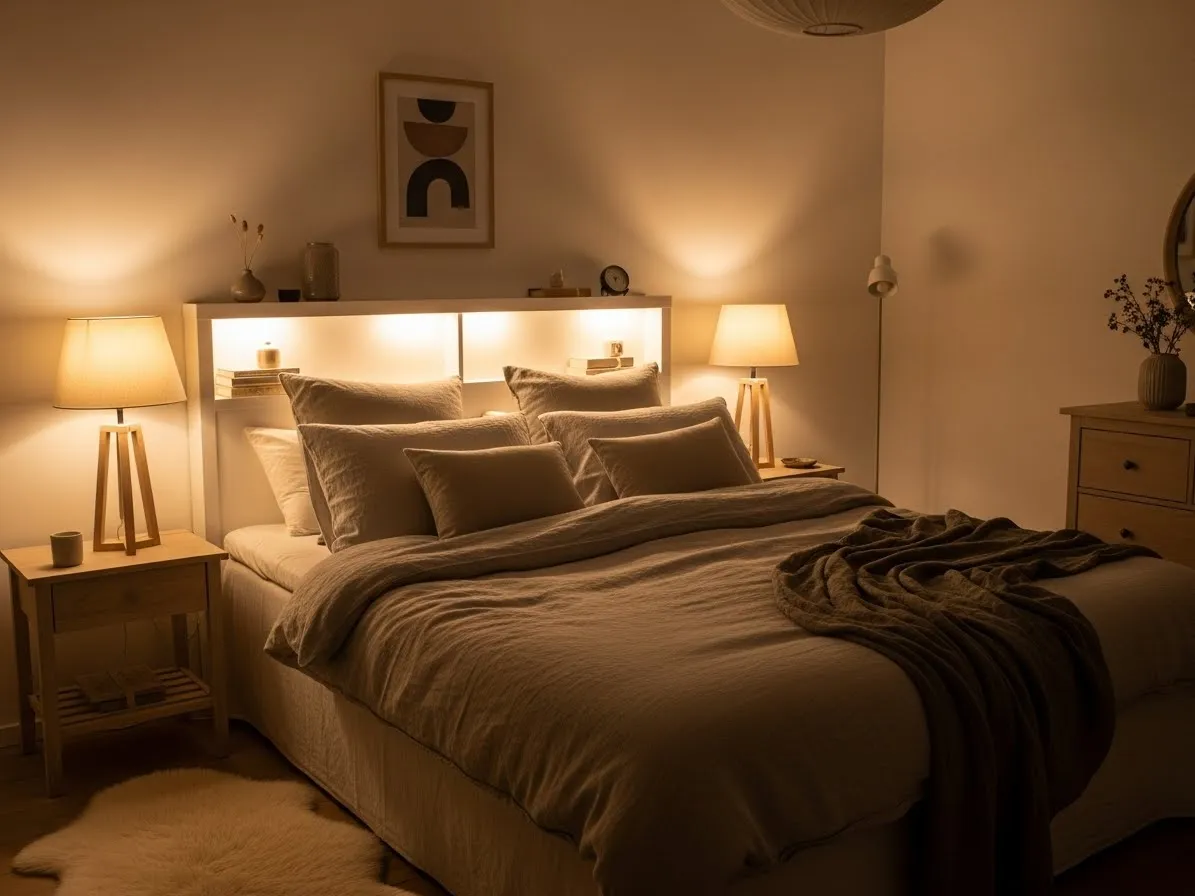 Warm layered lighting with bedside lamps creates a cozy Scandinavian bedroom atmosphere.