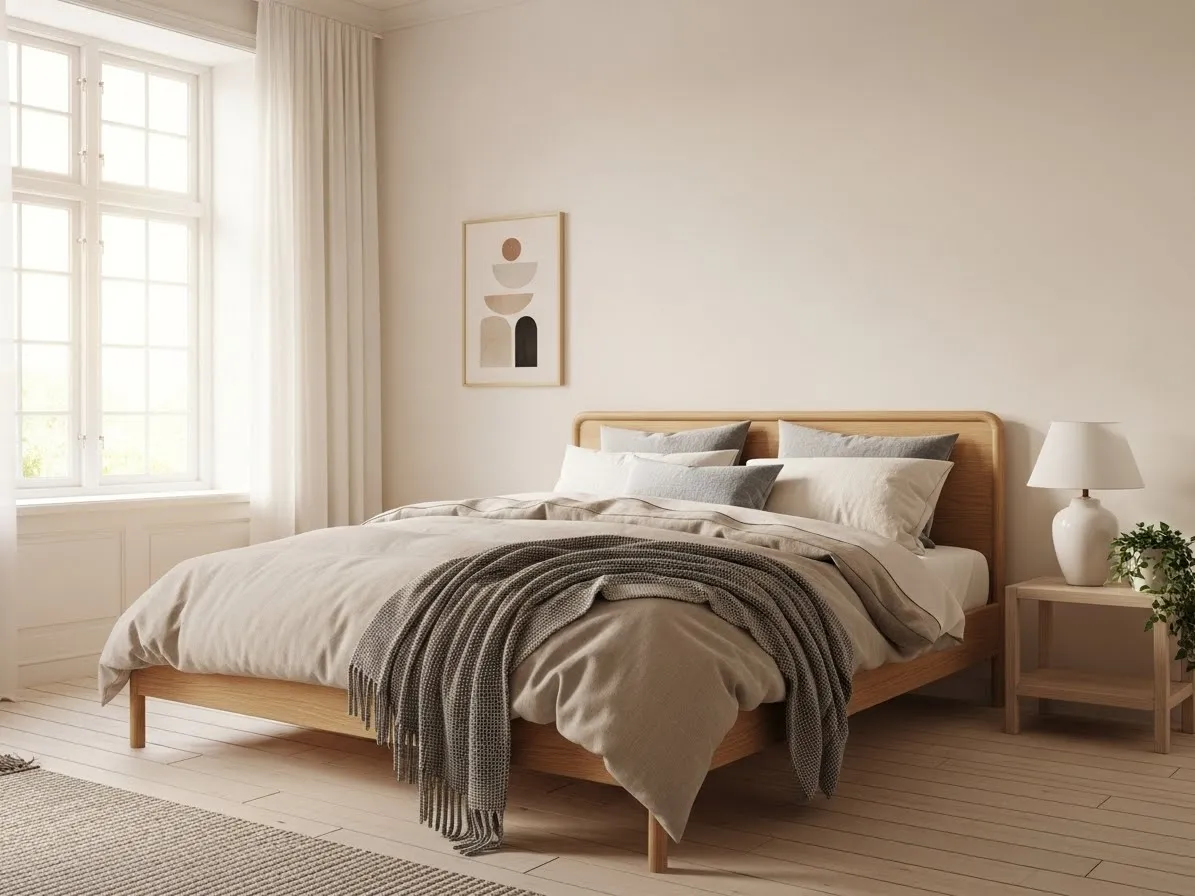 Light wood furniture in a Scandinavian bedroom with a minimalist, cozy design.