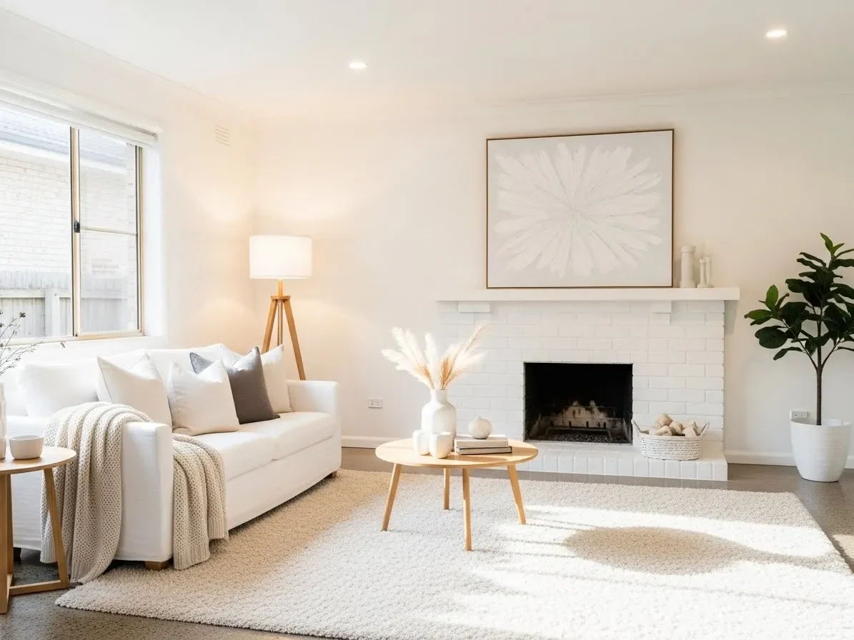 Bright white living room with white painted fireplace, soft textures, minimalist styling, and cozy clean ambiance.