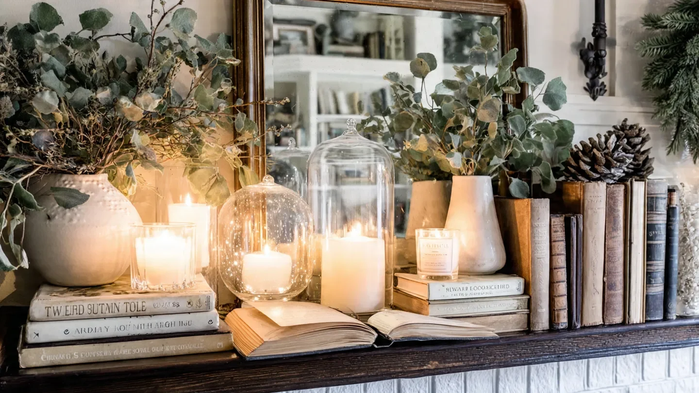 “Cozy winter mantel decorated with candles, greenery, and neutral winter accents for winter mantel decorating ideas.”