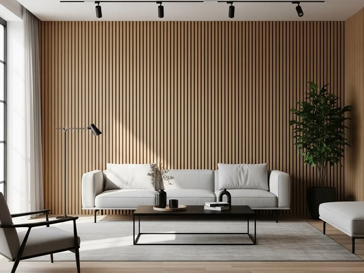 Wood slat accent wall idea in a modern living room for a warm, expensive-looking feature wall.”