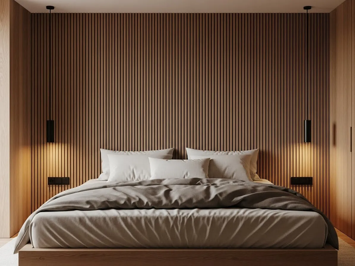 Bed without a headboard placed against a wood slat feature wall with neutral bedding in a minimalist bedroom