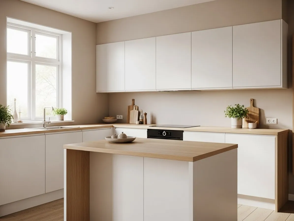 Scandinavian kitchen with white cabinets, light wood accents, and natural light showing a clean Nordic design style.