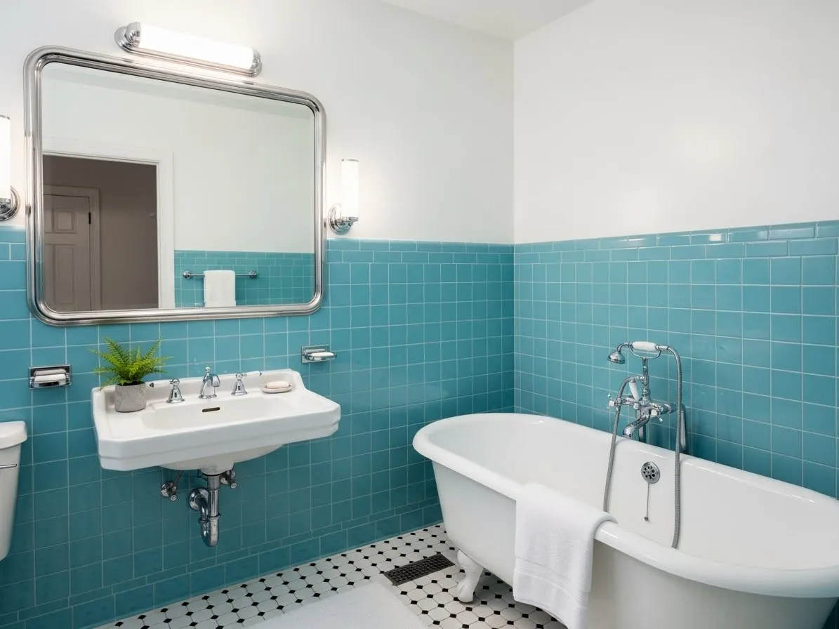 Aqua blue 1950s bathroom with chrome fixtures and classic retro design