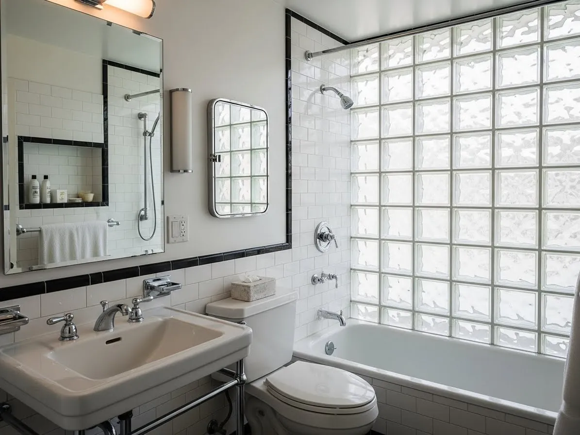 1950s bathroom with glass block walls for light and privacy