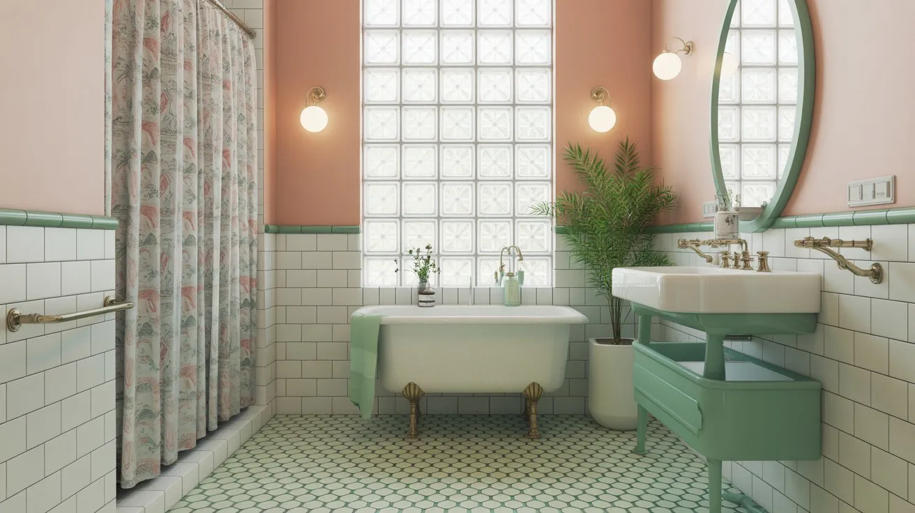 1950s bathroom with retro farmhouse sink, geometric tiles, pastel walls, and vintage brass fixtures