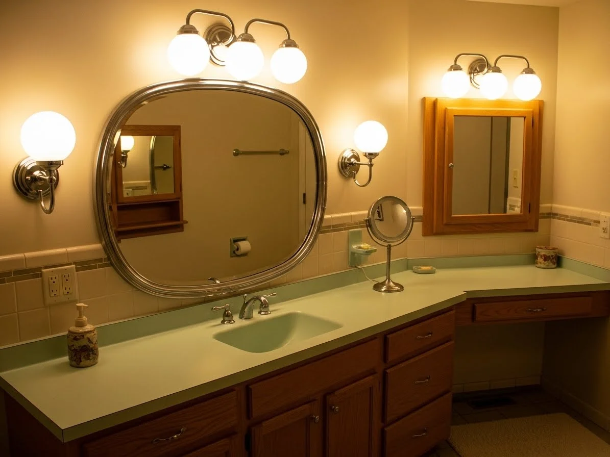 1950s bathroom lighting ideas with globe fixtures and chrome accents