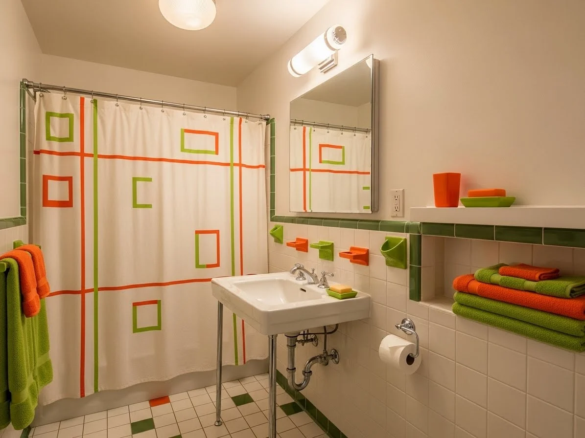 1950s bathroom with orange and green accent colors in mid-century style