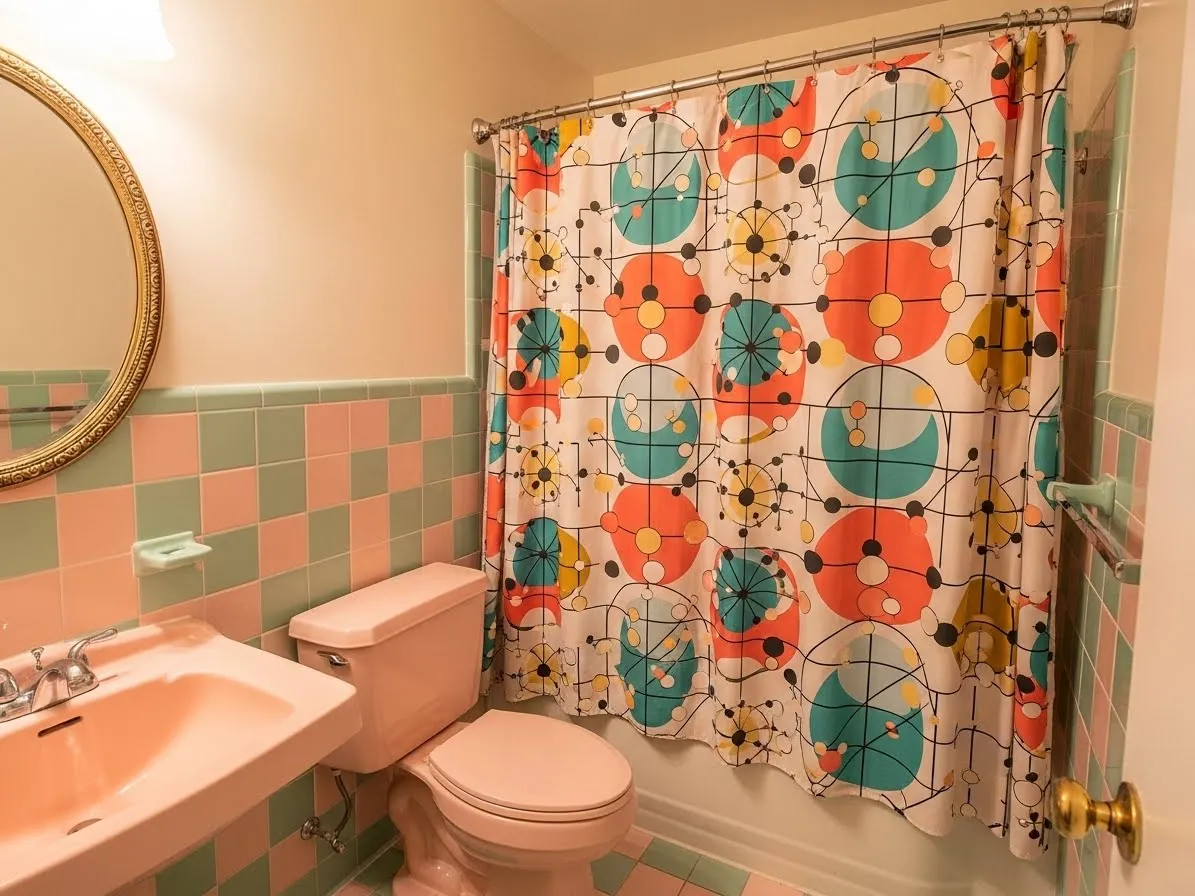 1950s bathroom with bold retro shower curtain and vintage colors