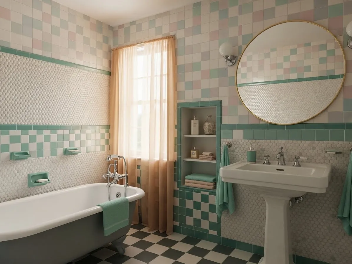 1950s bathroom tile patterns with geometric and checkerboard designs