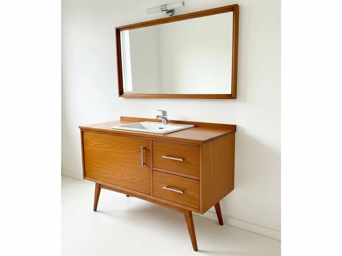 Mid-century modern 1950s bathroom vanity with vintage design details