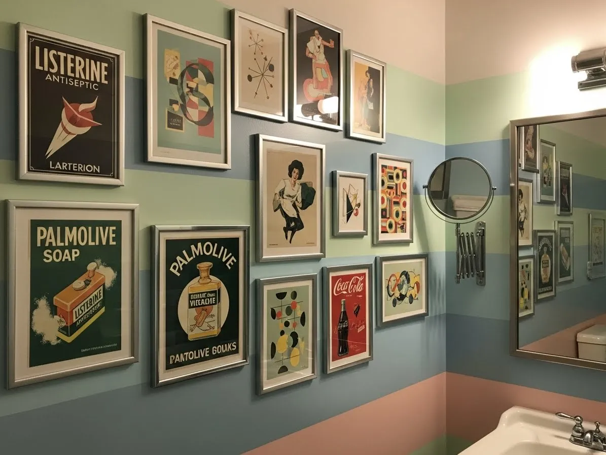 Mid-century wall art displayed in a classic 1950s bathroom