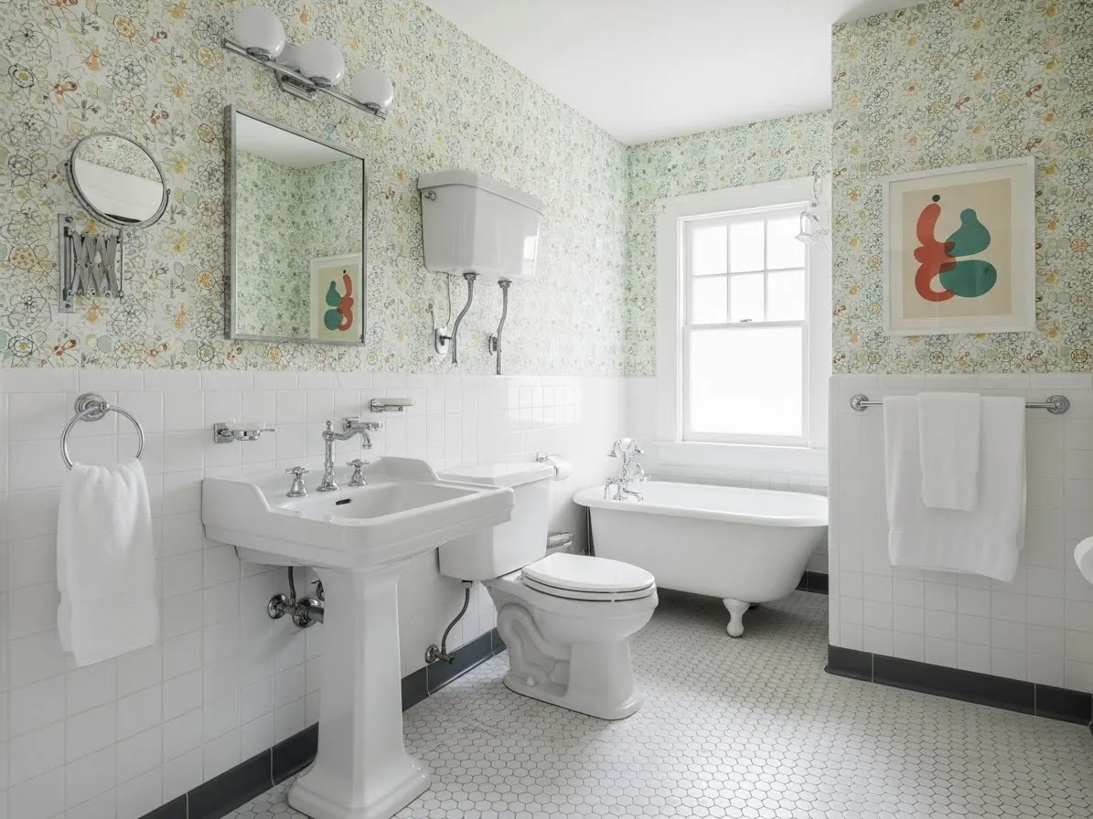1950s bathroom wallpaper with atomic and mid-century patterned designs