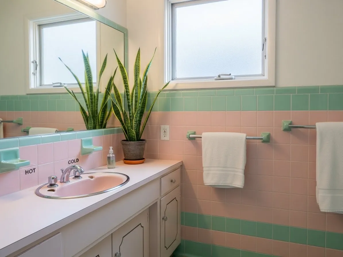 1950s bathroom with plants adding natural softness to retro design
