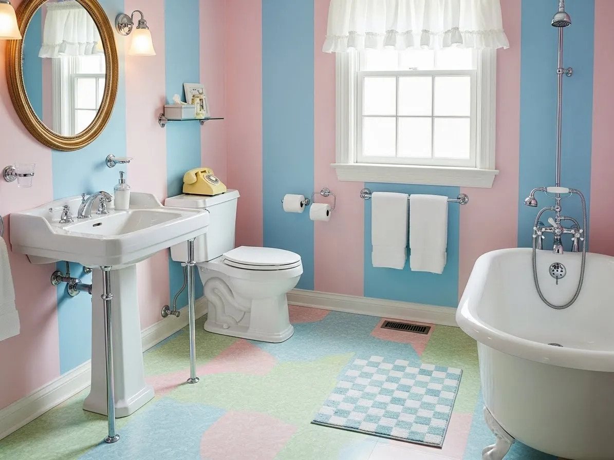1950s bathroom with marbled linoleum flooring and retro floor patterns