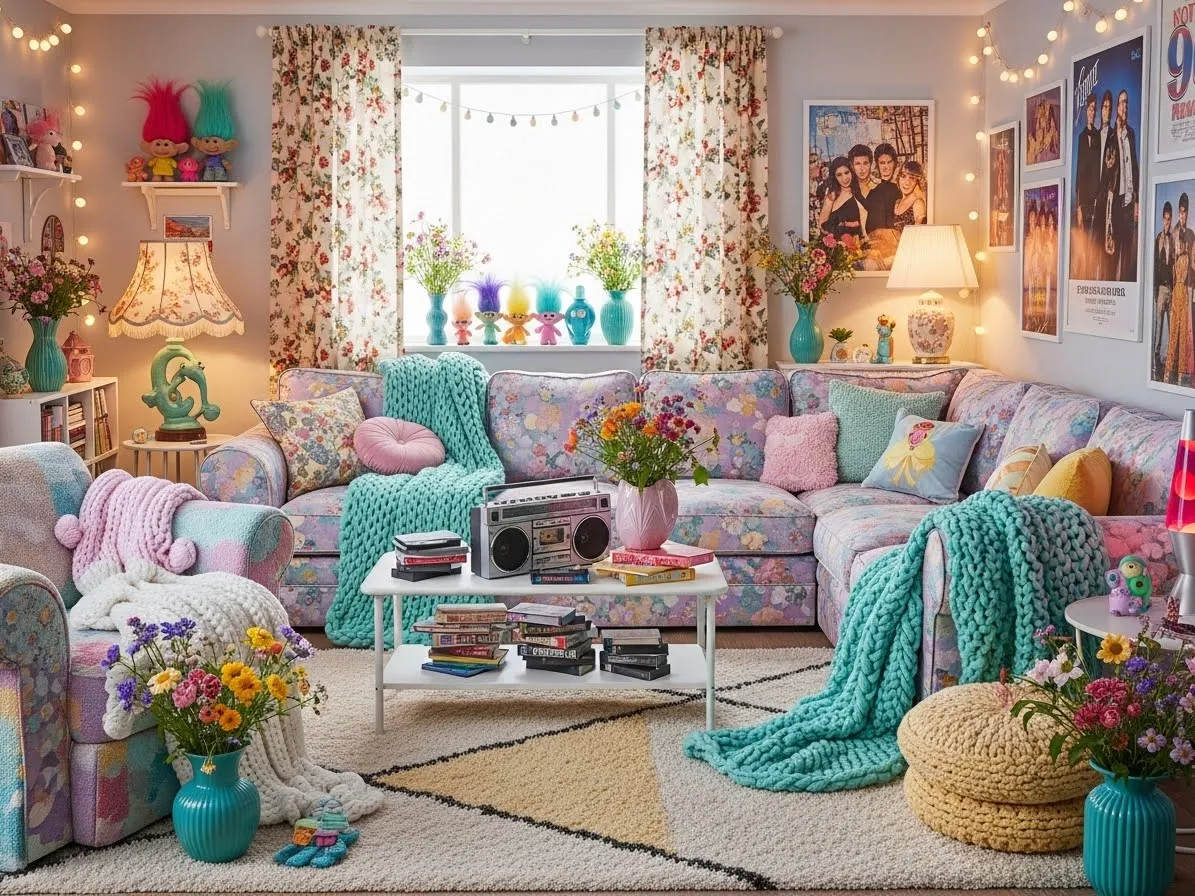 90s-style maximalist living room with pastel tones and layered textures