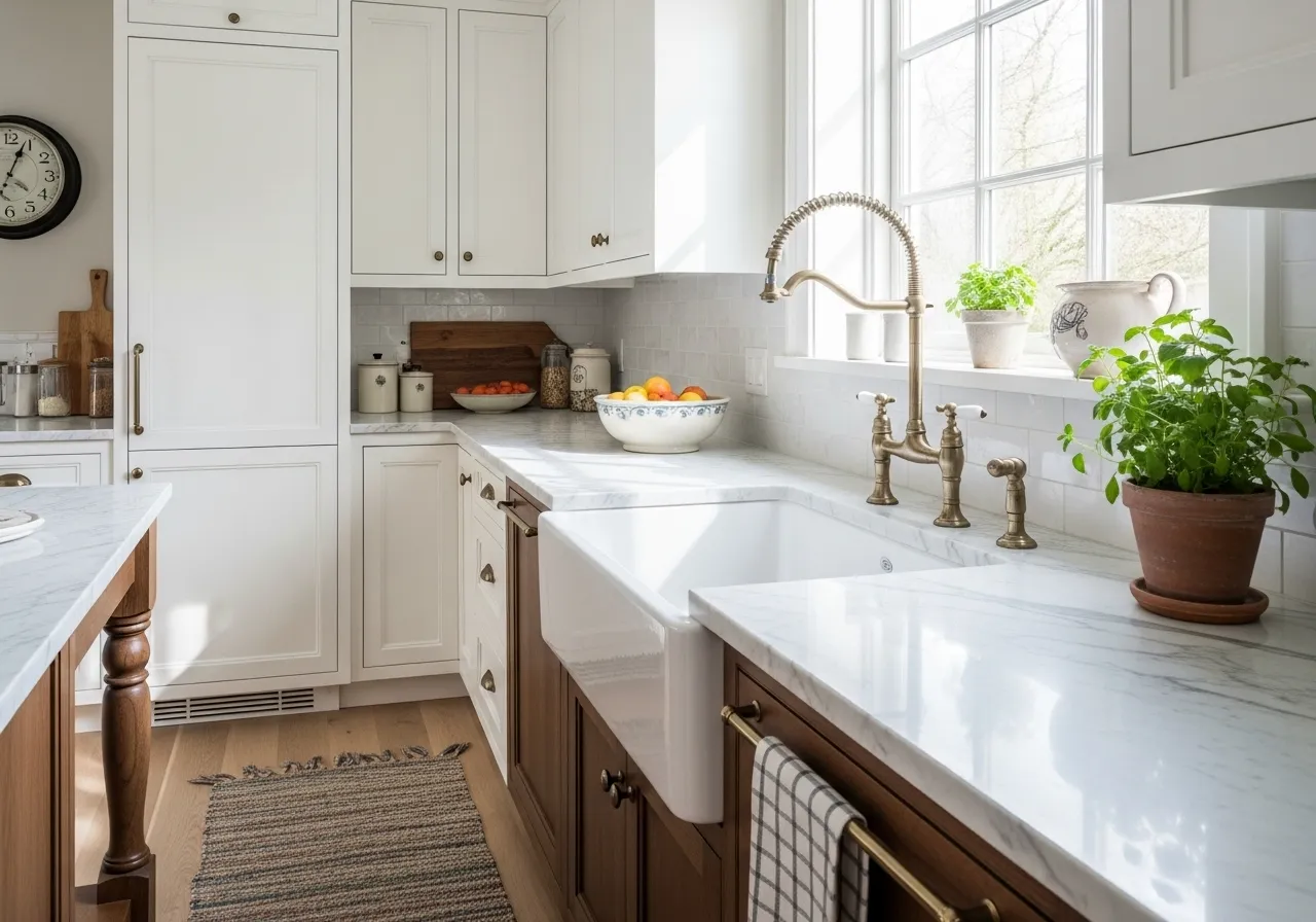 Classic kitchen ideas with farmhouse sink and traditional white cabinetry