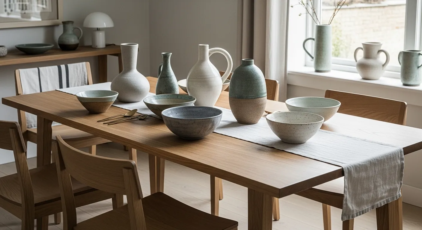 Handmade ceramics and artisan decor in Japandi dining room ideas