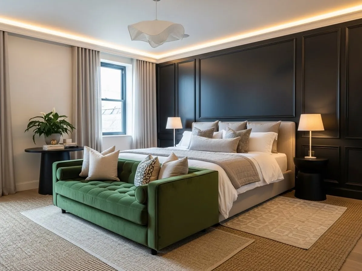 Bedroom with couch featuring an emerald velvet sofa against a black panel wall for a dramatic luxury look.